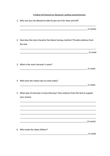 A Robot Girl Ruined my Sleepover reading comprehension