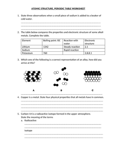 ATOMIC STRUCTURE, PERIODIC TABLE WORKSHEET AND ANSWERS 1