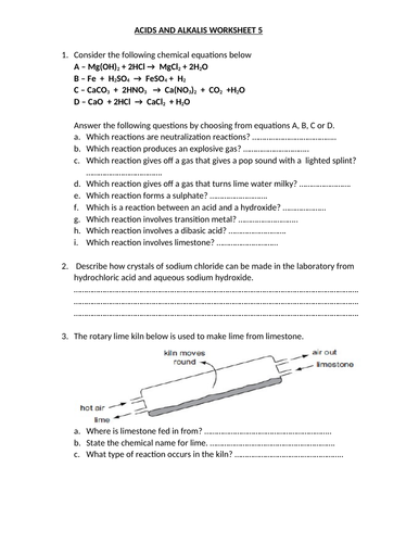 ACIDS AND ALKALIS WORKSHEET 5 WITH ANSWERS