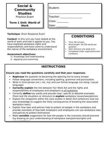 Social and Community Studies - Workplace Rights - Revision Sheet and Practice Exam