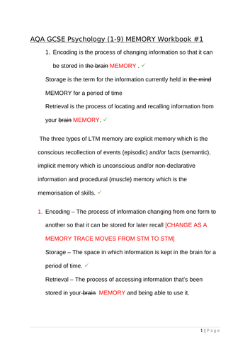 AQA GCSE Psychology Memory, Remote Learning Pack