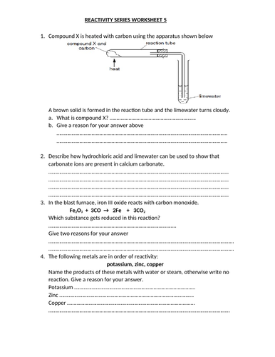 REACTIVITY SERIES WORKSHEET 5 WITH ANSWERS