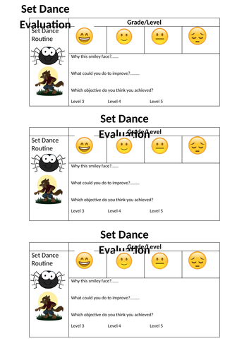 Dance Thriller Peer/Self Assessment cards