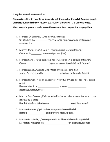 Irregular preterit conversation worksheet
