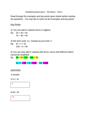 Simplifying Algbraic Expressions - The Basics - Part 1