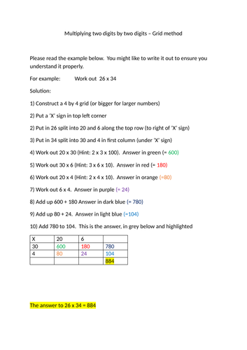 Long Multiplication - Grid Method - Example and Questions