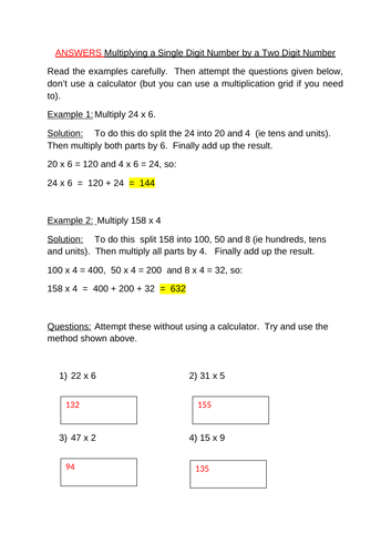 Multiply a Single Digit by Two (or Three) Digit Number - Examples and Questions