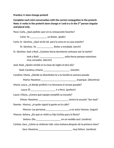 Ir stem change preterit conversation worksheet | Teaching Resources