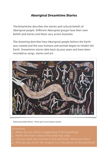 Aboriginal Art Dreamtime Stories Worksheet