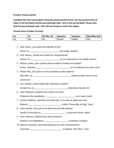 Present perfect practice worksheet