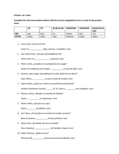 Ser estar conversation worksheet