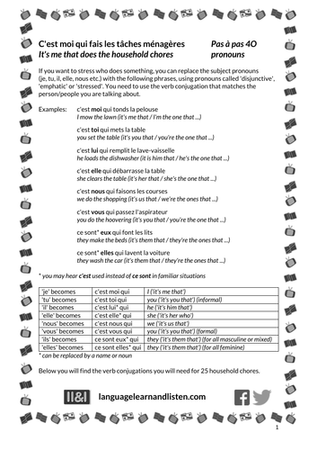 French - Household chores / disjunctive pronouns - C'est moi qui fais les tâches ménagères