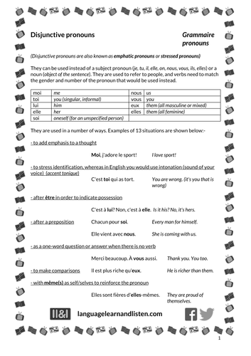 French - Disjunctive (emphatic / stressed) pronouns