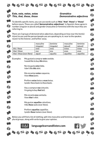 Spanish - Demonstrative adjectives with opinions and clothes - Este, esta, estos, estas ...