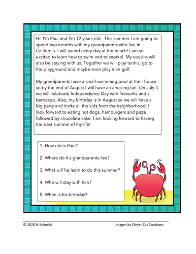 English Future Tense Reading + Worksheet: My Summer Plans (ESL /EFL /ELL)