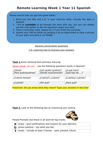 Remote learning lesson for GCSE Spanish