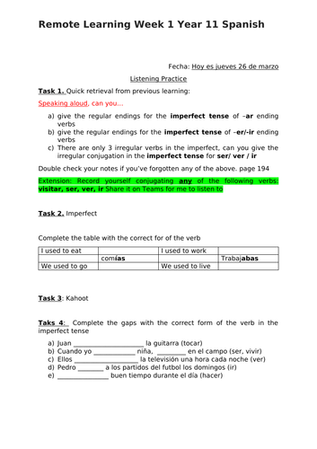 Remote learning to revise the  Imperfect tense for GCSE Spanish