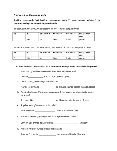 I-Y preterit conversation worksheet