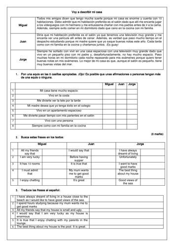 Spanish GCSE Mi Casa: Home / House Reading Comprehension & Translation