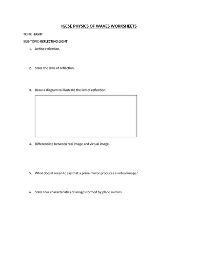 REFLECTING LIGHT WORKSHEET FOR IGCSE STUDENTS