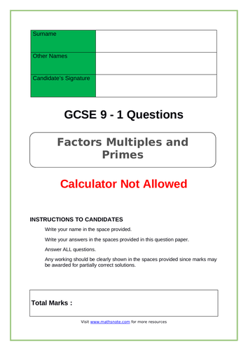 Factors Multiples and Primes for GCSE 9-1