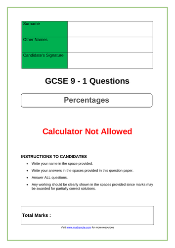 Percentages - Non Calculator for GCSE 9-1