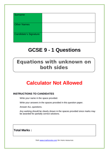 Equations with unknown on both sides for GCSE 9-1