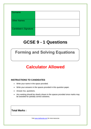 Forming and Solving Equations for GCSE 9-1