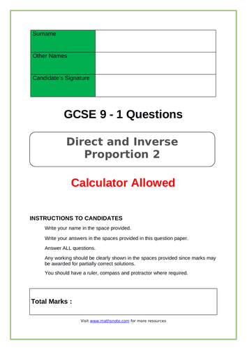 Direct and Inverse Proportion for GCSE 9-1