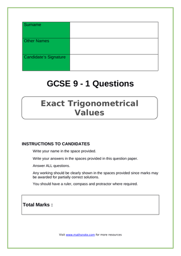 Exact Trigonometrical Values for GCSE 9-1