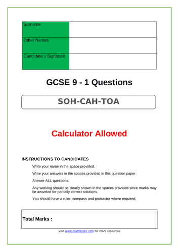 SOHCAHTOA for GCSE 9-1 | Teaching Resources