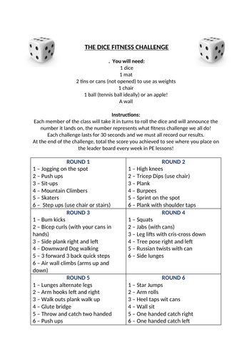 Remote PE Fitness Lesson - Dice Challenge | Teaching Resources