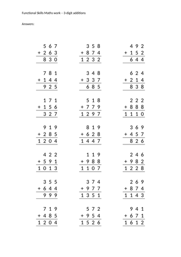 3-digit additions | Teaching Resources