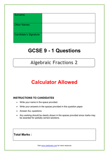 Algebraic Fractions For Gcse 9 1 Teaching Resources