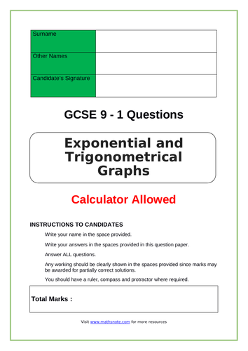 Exponential and Trigonometrical Graphs for GCSE 9-1