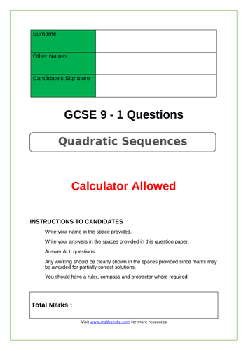 Quadratics Sequences for GCSE 9-1