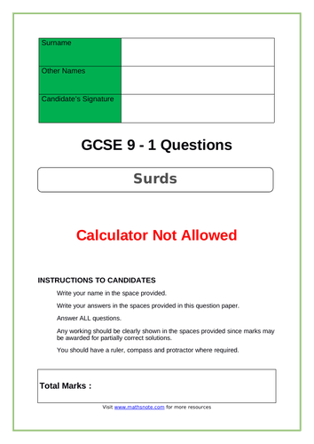 Surds For Gcse 9 1 Teaching Resources