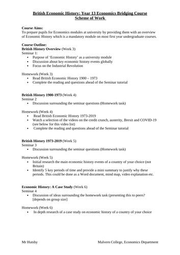 British Economic History (Year 13) Bridging Course