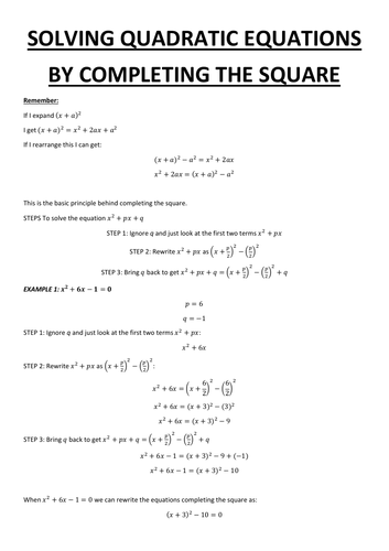 Solving quadratic equations by completing the square