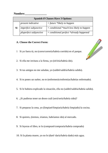 Spanish If Clauses: Si Cláusula 2 Worksheets: All 3 Types