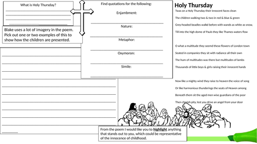 Holy Thursday Poetry Worksheet OCR/AQA/EDEXCEL