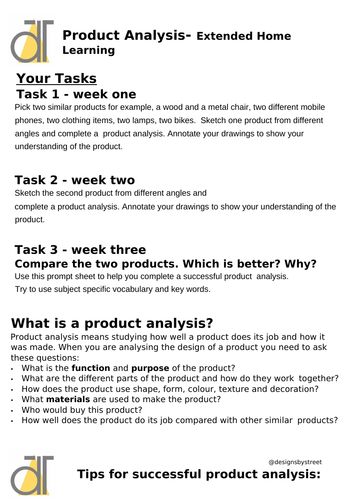 Design and Technology homelearning extended homework COVID-19