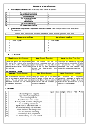 Spanish TV - la tele (3 Worksheets) GCSE