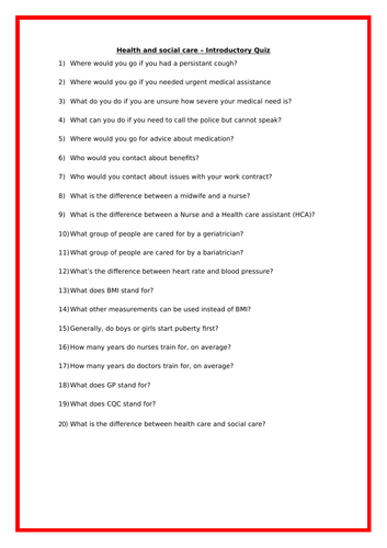 H & SC - Introductory Quiz