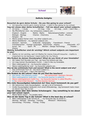 GCSE German Revision Mats - Theme 3 - School / die Schule