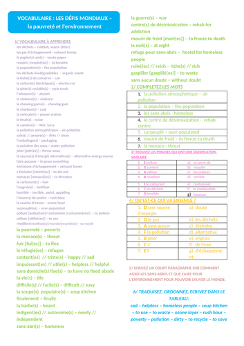 Global Issues Revision Worksheet / Worksheets French