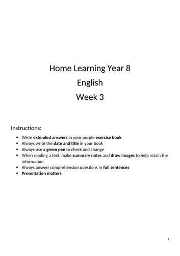 English Home Learning Year 8/ Revision/ Independent Work/ Coronavirus: Sherlock Holmes