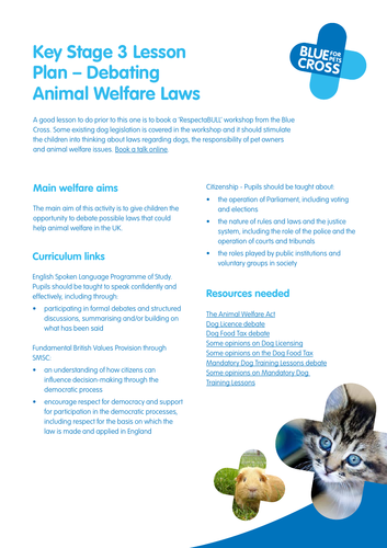 Blue Cross Pet resources  - Key Stage 3 Animal Welfare Laws