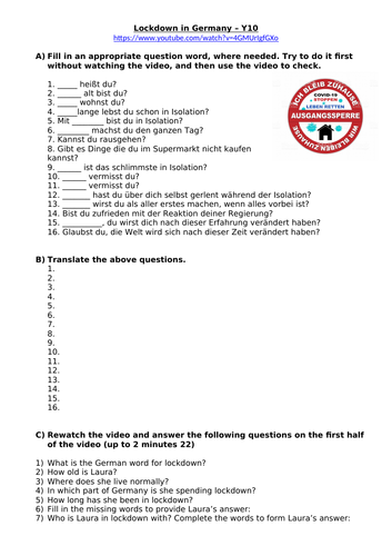 German - Coronavirus Video task - listening, reading, writing