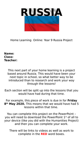 Home Learning - Geography of Russia Y9